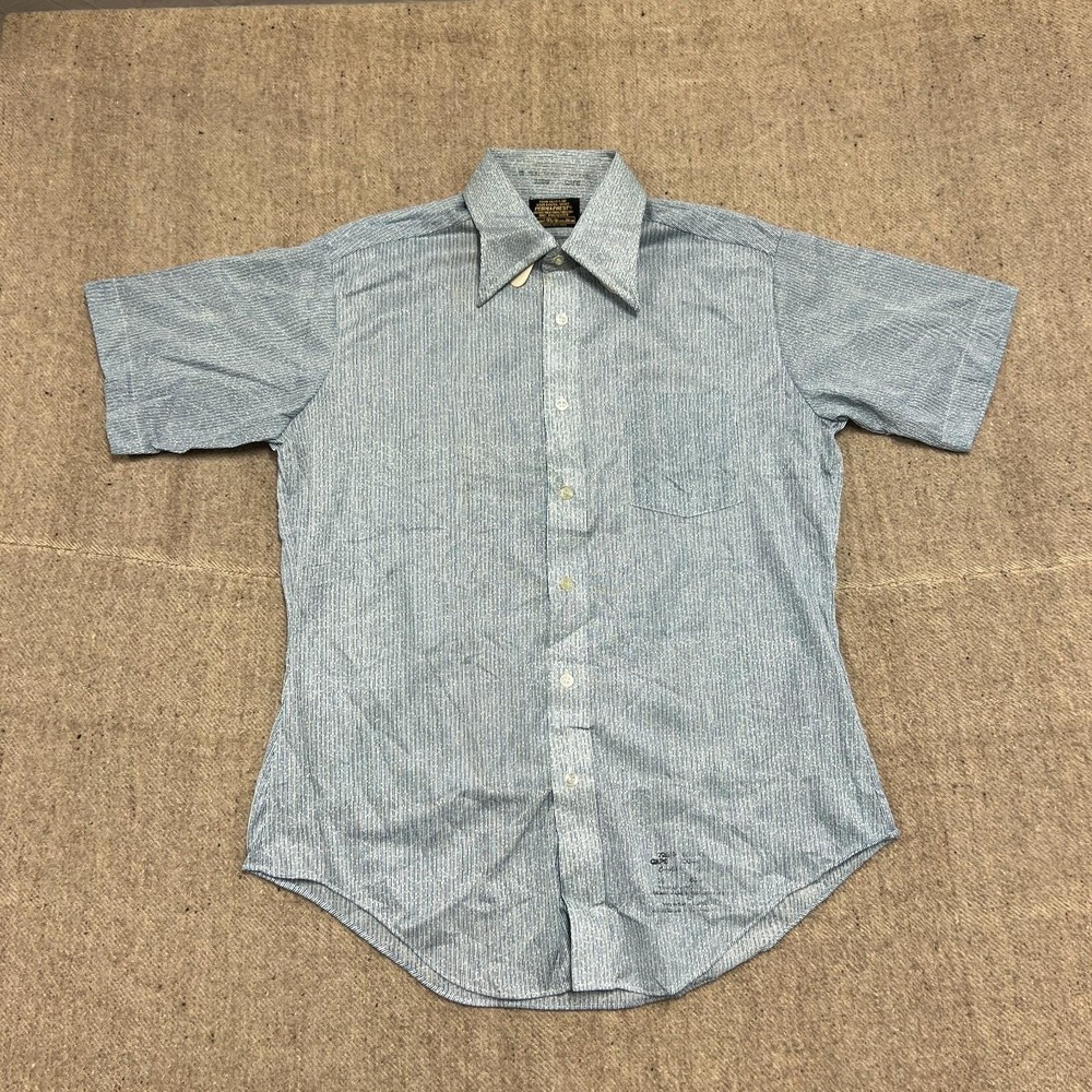 Vintage Sears Button Up Shirt Mens Large Blue 1970s Short Sleeve Deadstock